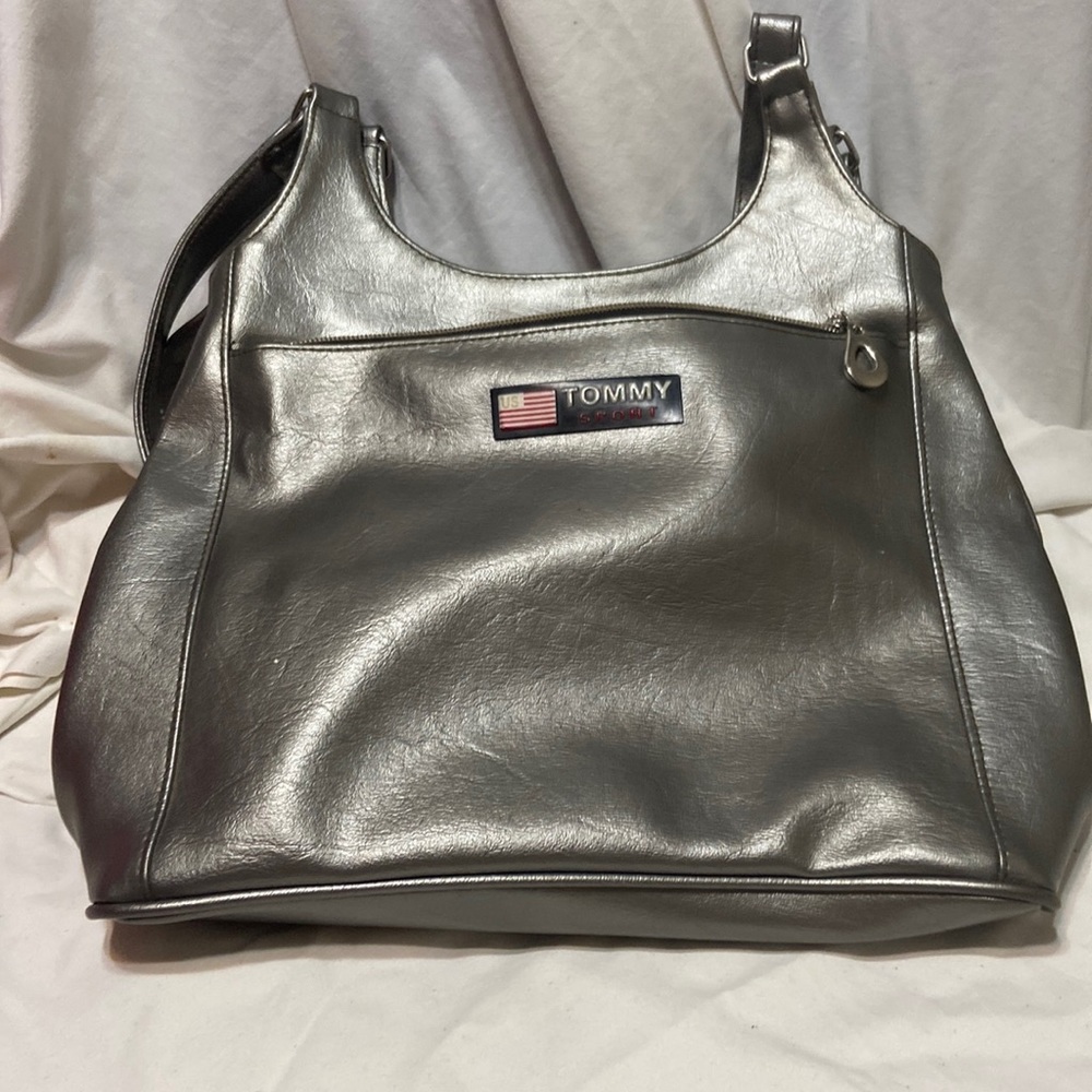 TOMMY HILFIGER SPORT Pewter faux leather Zipper outer pocket zip top black liner